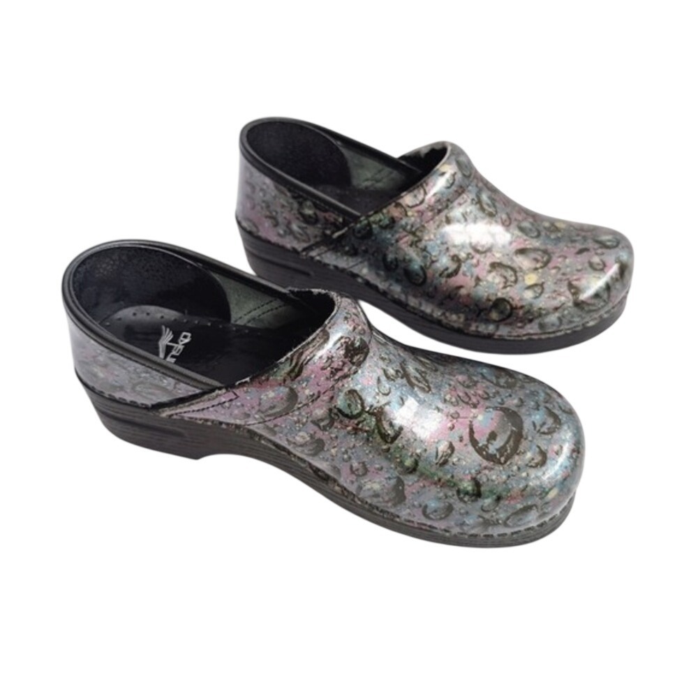 Dansko Pixie Girl Whimsy Grunge Bubbly Rain Drop Print Platform Rubber Clogs
